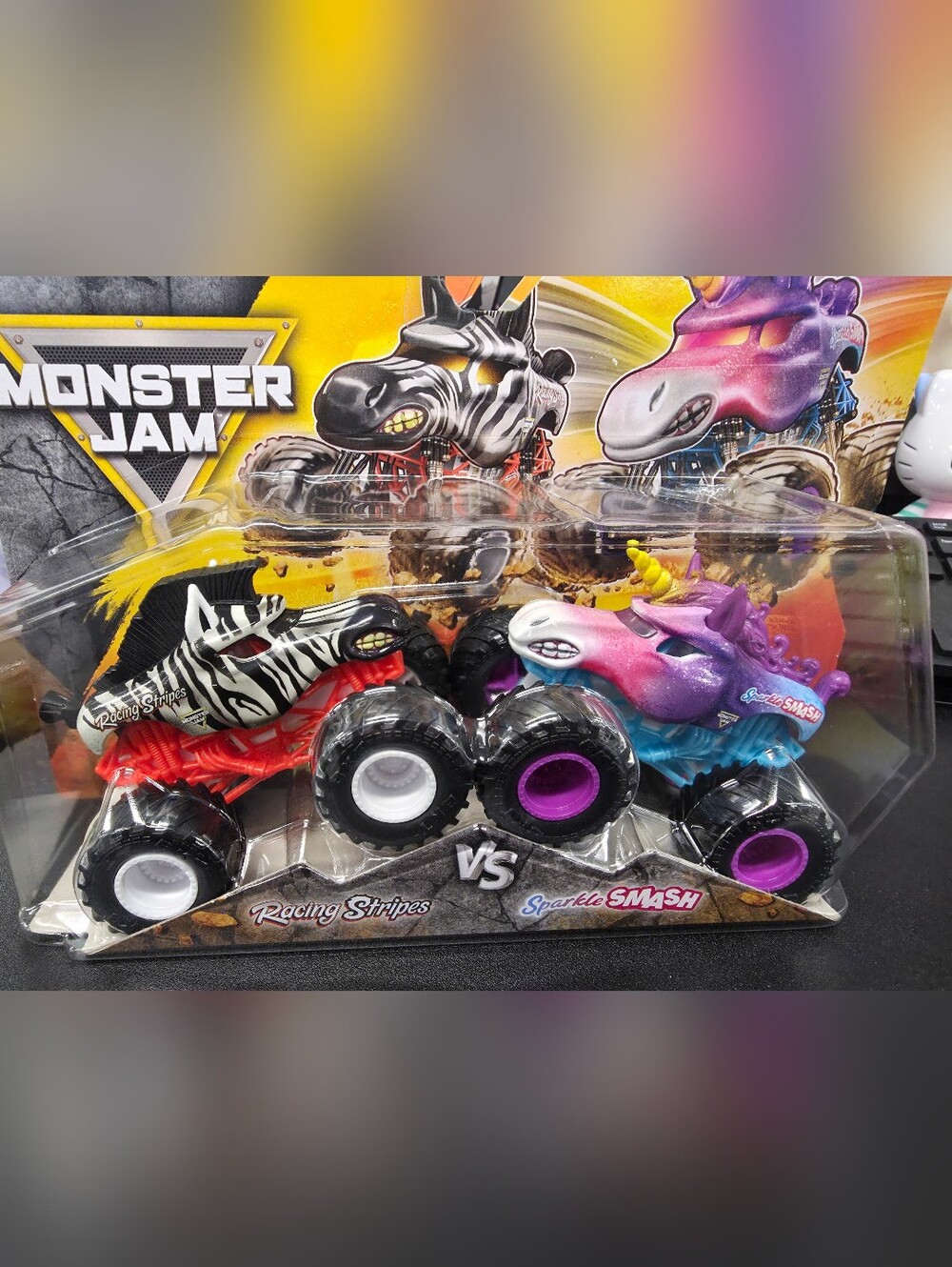 🩷💜🩵Sparkle Smash Unicorn & Zebra Monster Trucks - Purple, Pink, Black & White